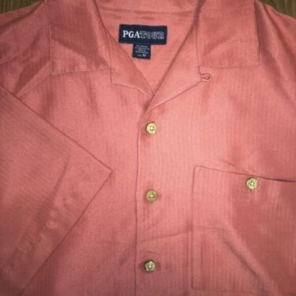 PGA Tour Mens Short Sleeve Dress Shirt Size Medium Red Pastel Soft Business Golf - Picture 1 of 12